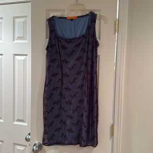 Cynthia Steffes blue shirt dress with black/brown overlay